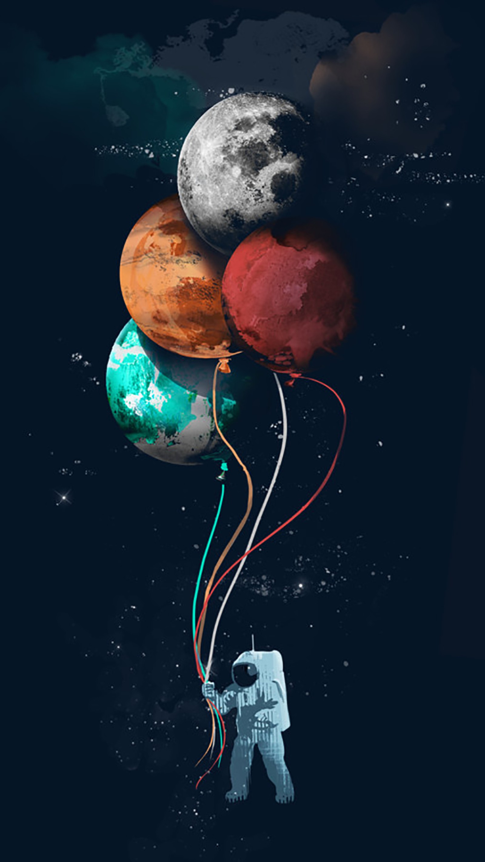 Ein mann mit einem strauß luftballons mit planeten im hintergrund (luftballons, kosmonaut, kosmos, planeten, himmel)