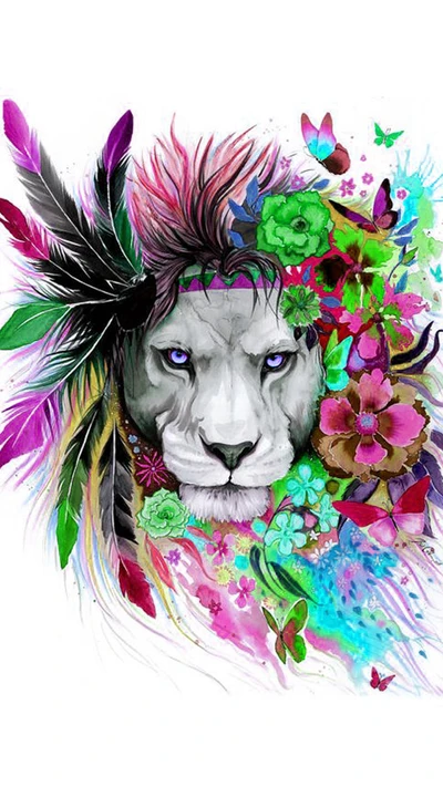 Vibrant Lion Surrounded by Flowers and Feathers