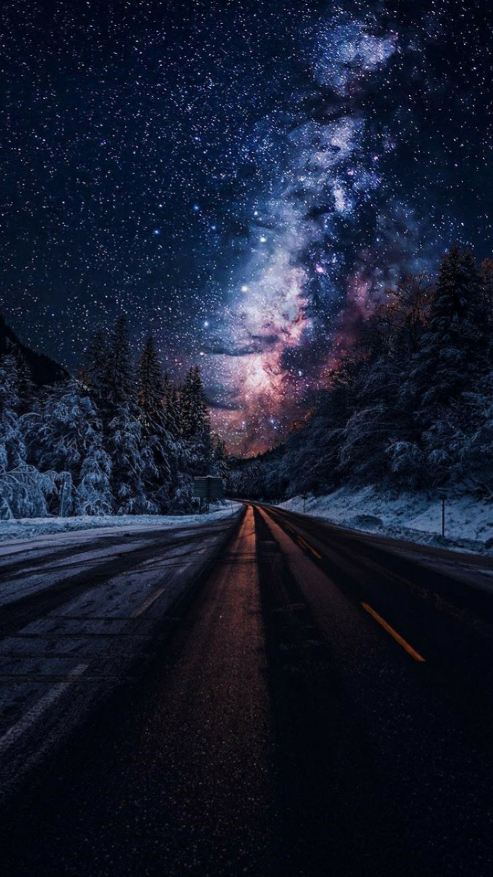 A road with a sky full of stars and a lot of snow (abstract, aurora, design, galaxy, infinity)