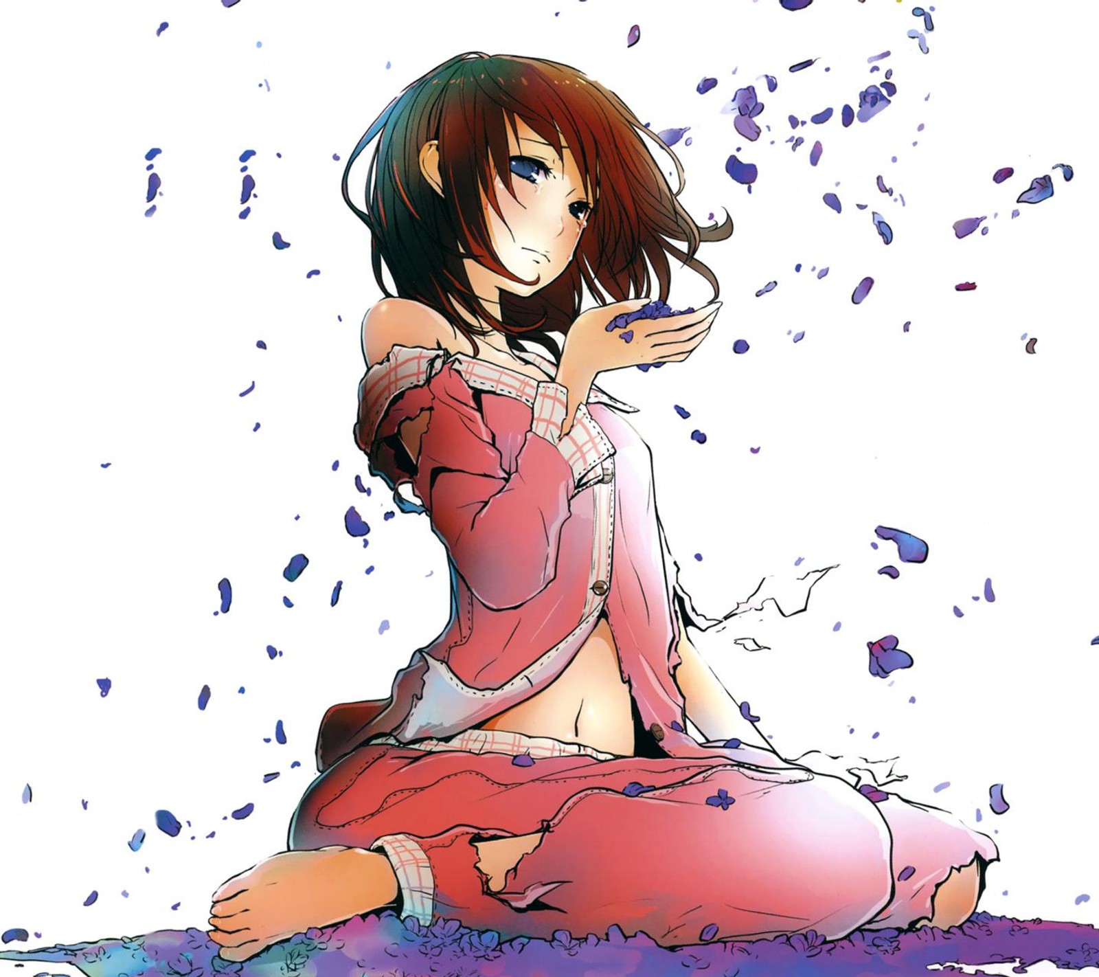 Anime girl sitting on the ground with petals flying around her (anime, cry, girl)