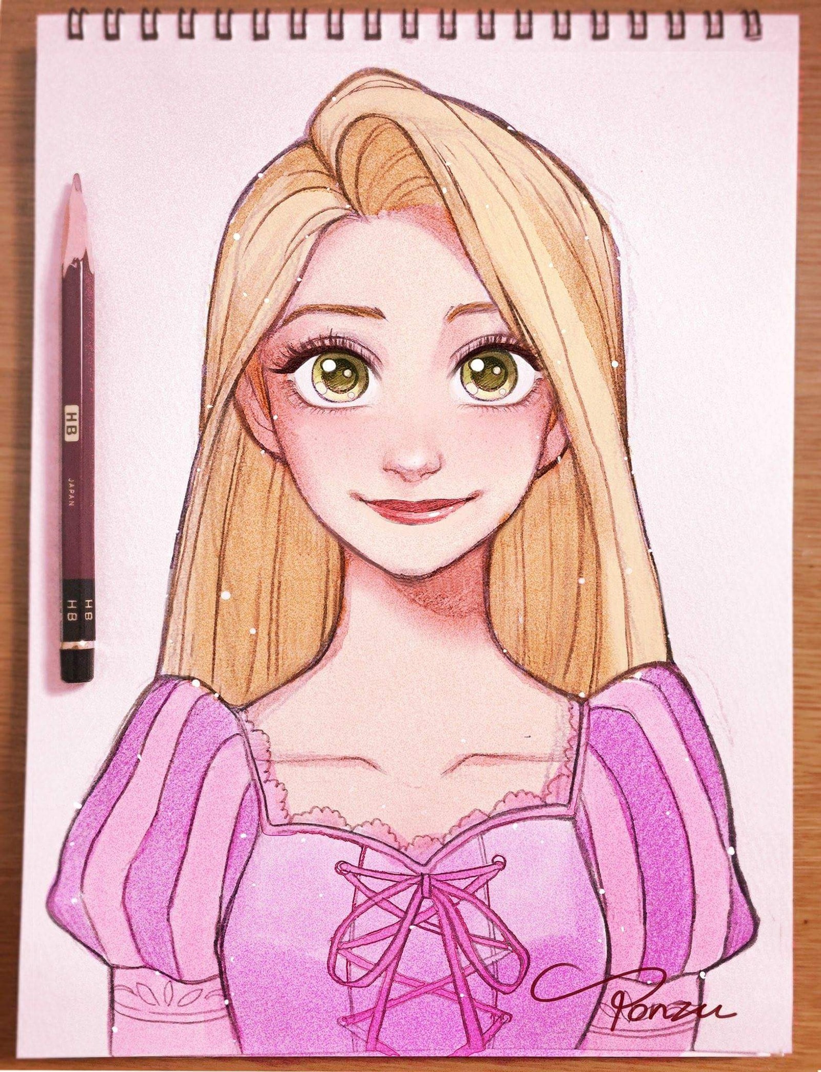 Eine zeichnung eines mädchens mit blonden haaren und grünen augen (prinzessin, rapunzel)