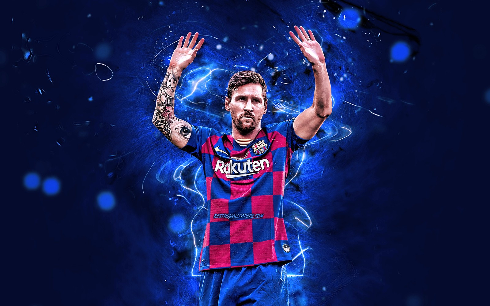 A man with tattoos on his arms and arms raised in the air (barca 2019, barcelona 2019, king, lionel messi, messi 2019)