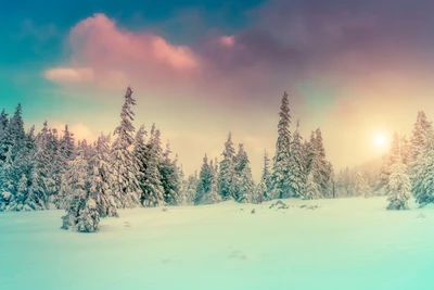 Paisaje invernal nevado al atardecer