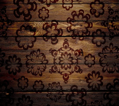 Intricate floral patterns on a textured wooden background.