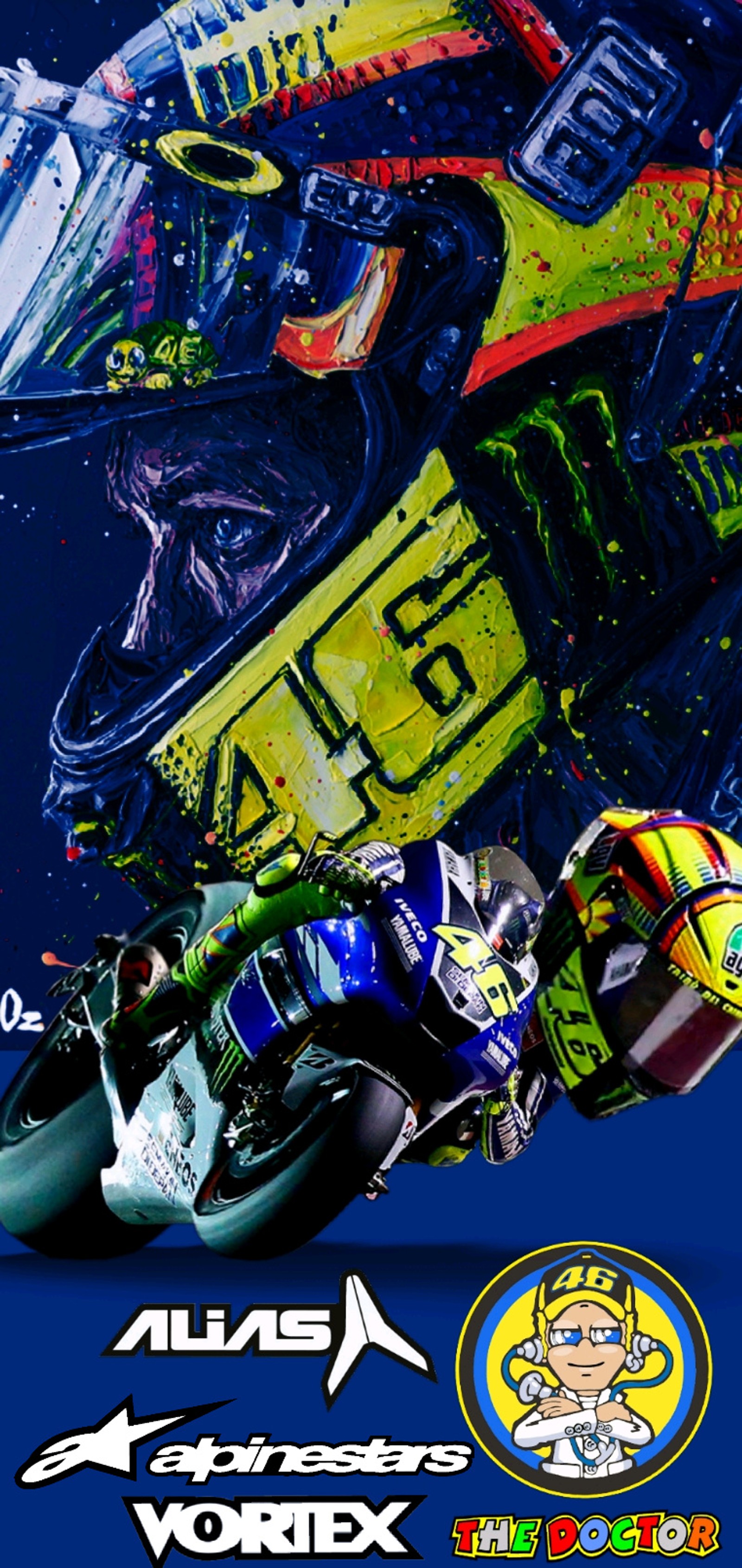 Ein poster eines motorradfahrers, der auf einem motorrad fährt (rossi, yamaha)