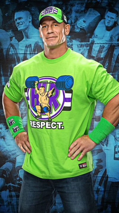 John Cena dans une chemise verte vibrante promouvant le respect, affichant son style signature et sa confiance sur un fond dynamique.