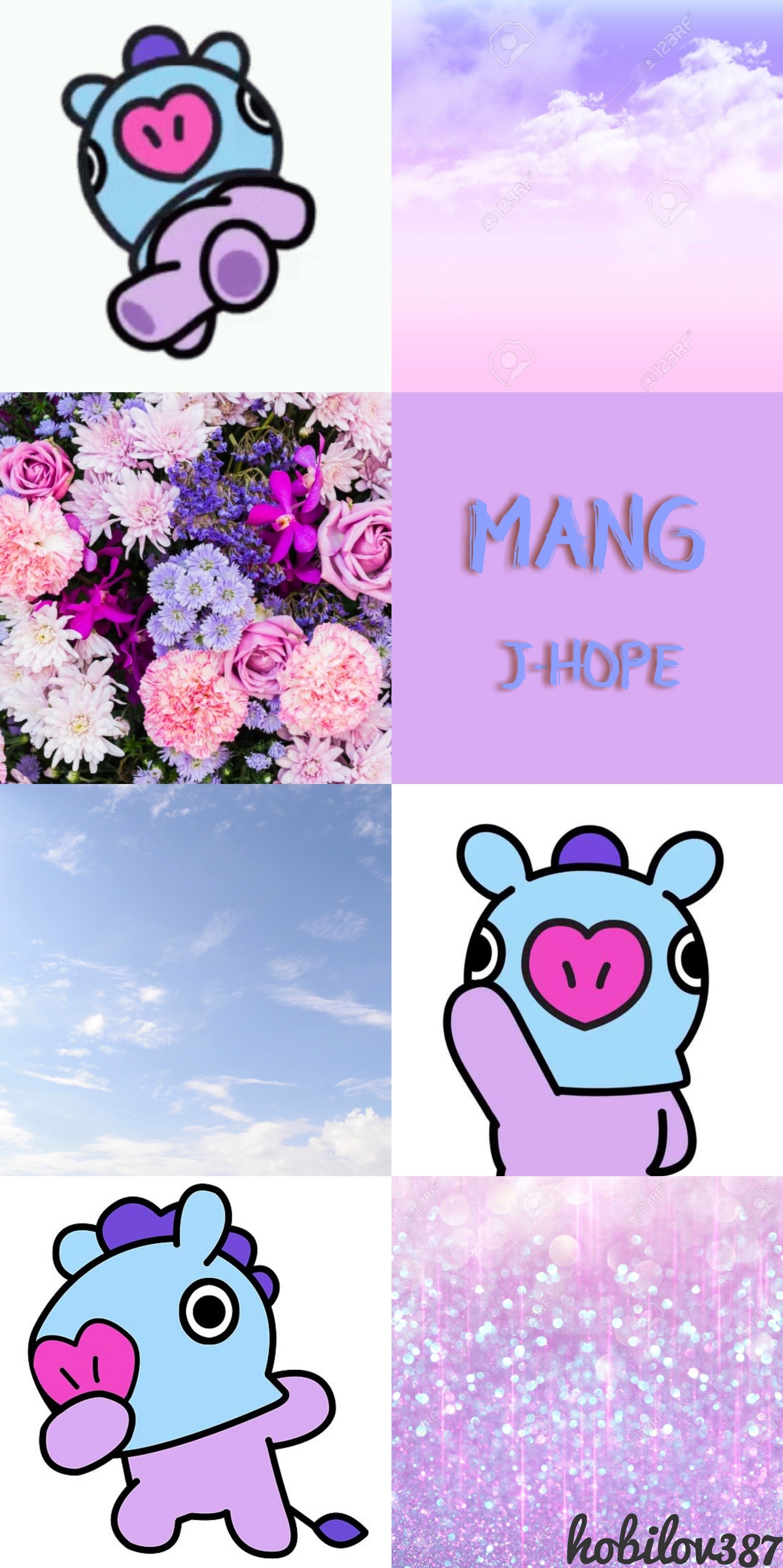 Un gros plan d'un bouquet de fleurs avec un cochon dessus (bleu, bt21, bts, j hope, mang)