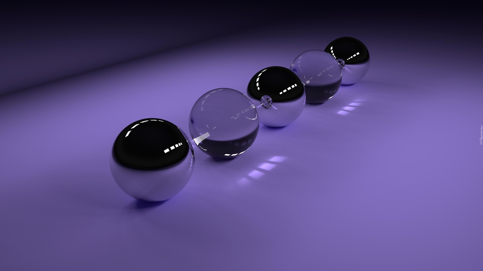 Three shiny spheres are lined up in a row on a purple background (purple, marble, water, close up, light)