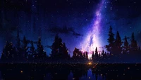 Noche estrellada sobre un bosque: un paisaje mágico de anime