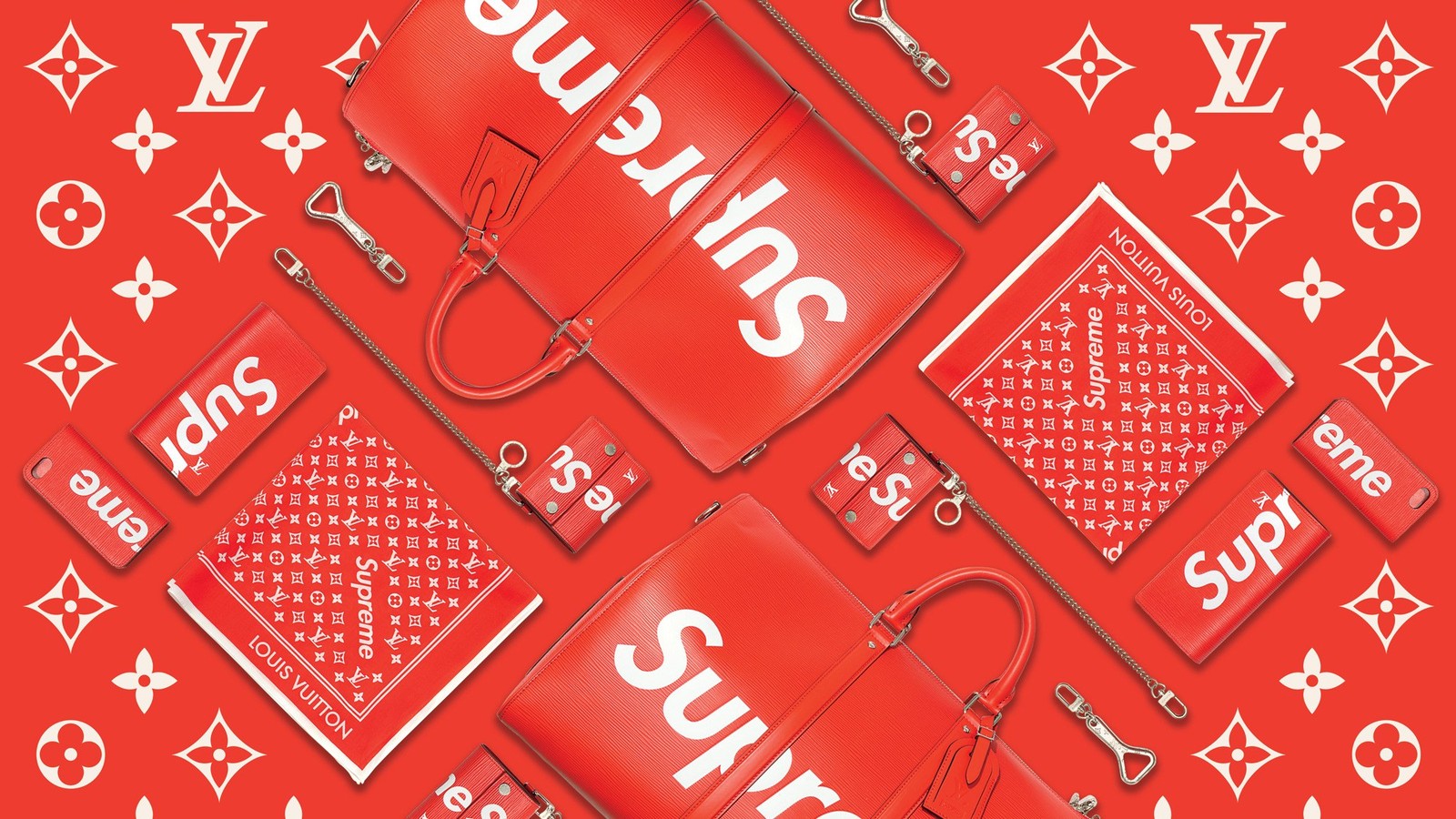 supreme, louis vuitton, handbag, text, red Download Wallpaper