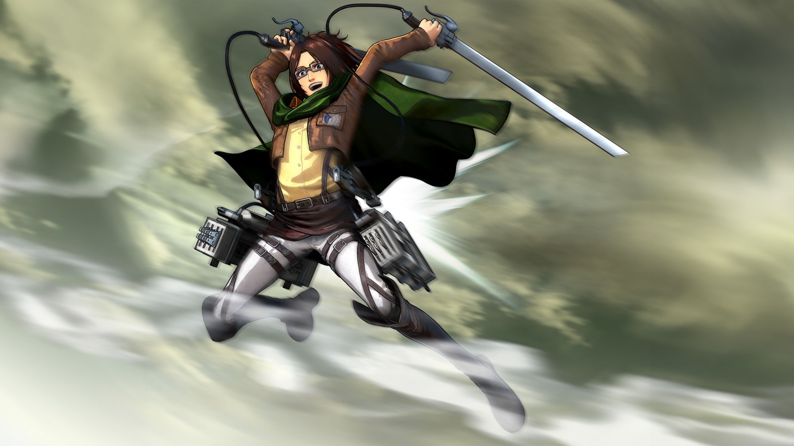 Anime character with a sword and a cape flying through the air (hange zoe, 5k, attack on titan, anime, 4k wallpaper)