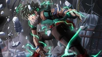 Izuku Midoriya unleashing his power amidst a chaotic backdrop in My Hero Academia.