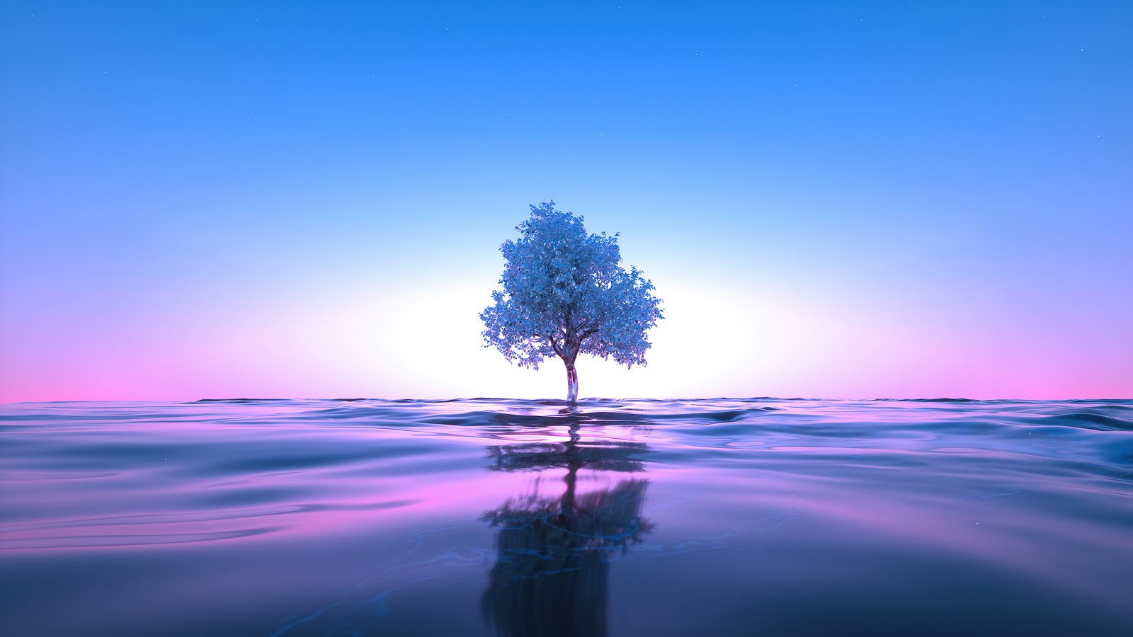 Árbol arábigo en medio del océano con un cielo rosa (mar, océano, render, árboles, arte digital)