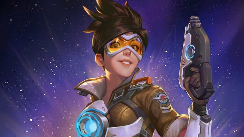 Женщина в космическом костюме, держащая пистолет (tracer, overwatch, видеоигра, искусство)