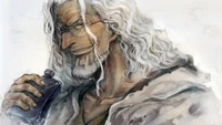 Silvers Rayleigh de One Piece com um sorriso confiante, segurando um frasco.