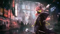 Fille cyberpunk dans un paysage urbain éclairé au néon