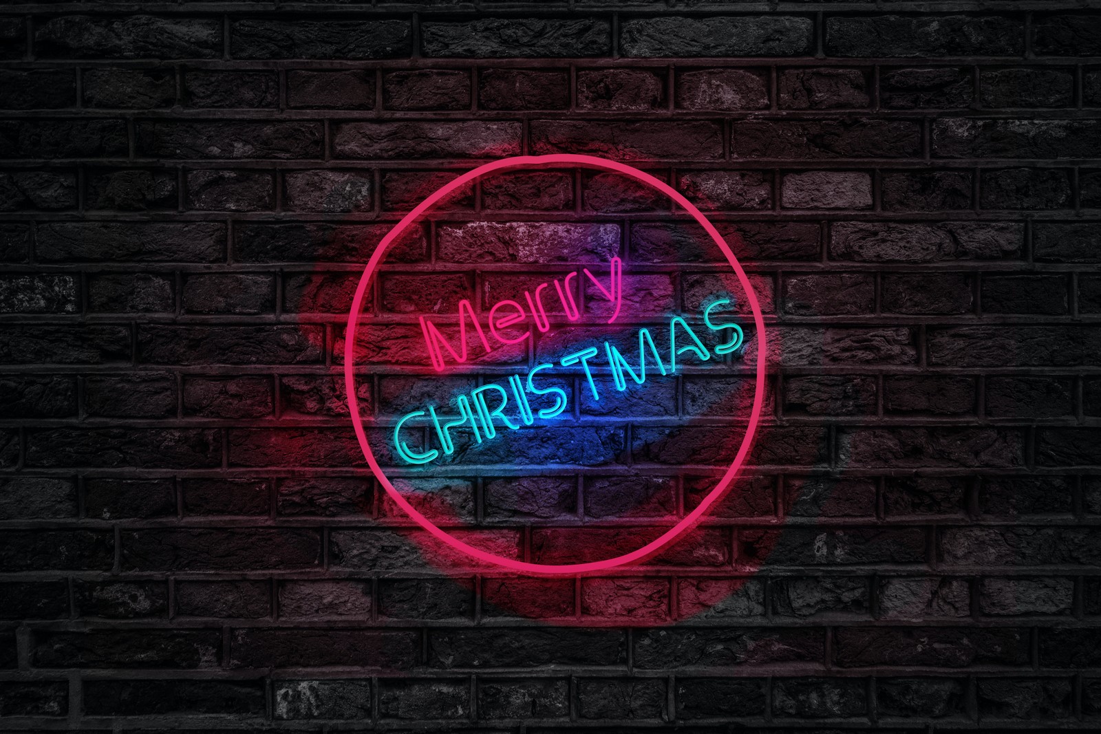 Merry christmas neon sign on brick wall with brick background (merry christmas, neon, brick wall, dark, colorful)