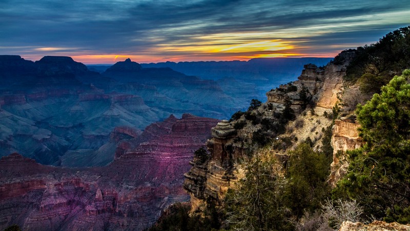 Вид на каньон с закатом на заднем плане (гранд каньон, grand canyon, каньон, парк, национальный парк)