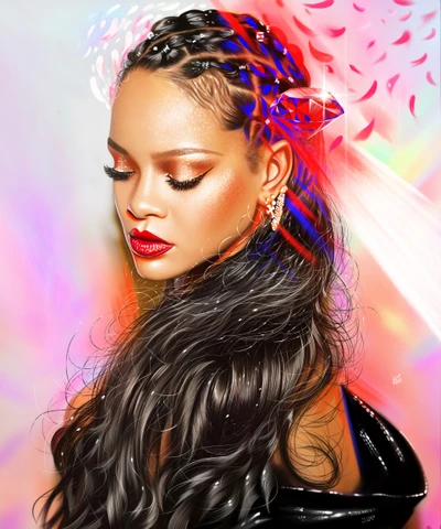 Lebendige digitale Illustration von Rihanna mit bunten Elementen und magischer Aura