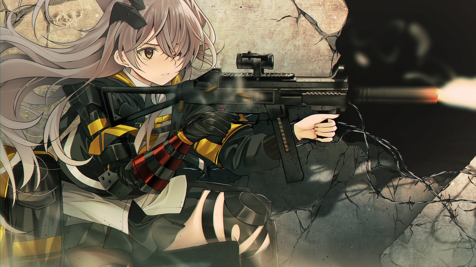 Fille anime avec une arme à la main et un mur avec du fil barbelé (anime, girls frontline, jeu vidéo, tir, armes)