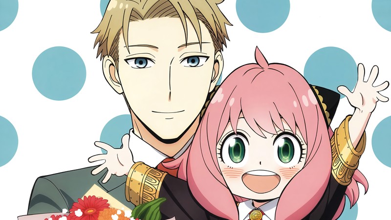 Um casal de personagens de anime segurando um bolo e flores (spy x family, anime, loid forger, anya forger)