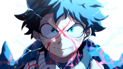 Izuku Midoriya liberando seu poder Full Cowl com intensa determinação, incorporando o espírito de "One For All".