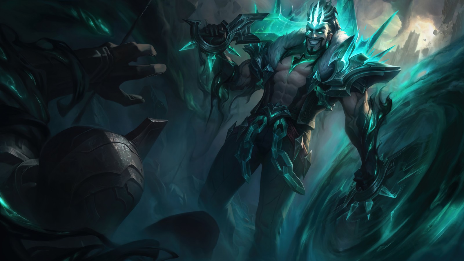 A man with a sword and a demon in a dark room (ruined, draven, splash art, league of legends, lol)