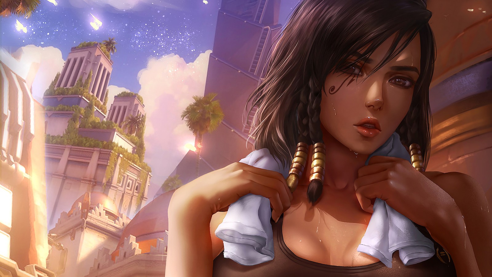 Fille anime aux longs cheveux et au haut noir dans une ville (pharah, overwatch, jeu vidéo)