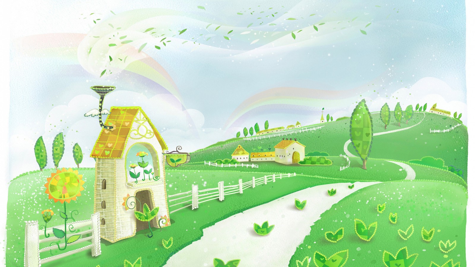 Illustration of a cartoon house in a green field with a rainbow in the sky (poster, clip art, painting, graphic design, art)