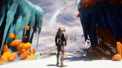 A vibrant alien landscape with an astronaut exploring colorful ice formations and surreal rock structures.