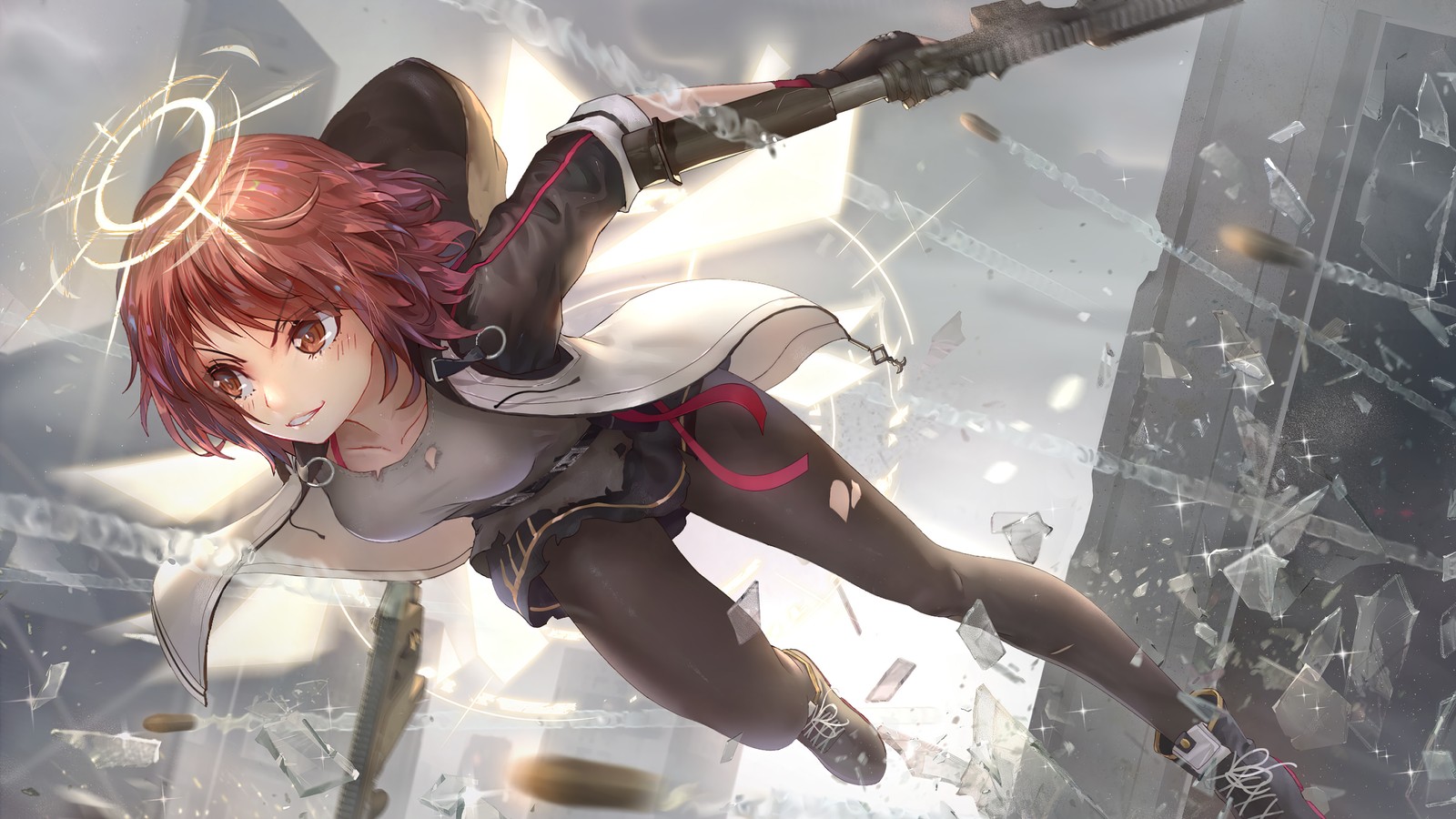 Anime girl flying through the air with a sword in her hand (exusiai, arknights, video game, anime girls)