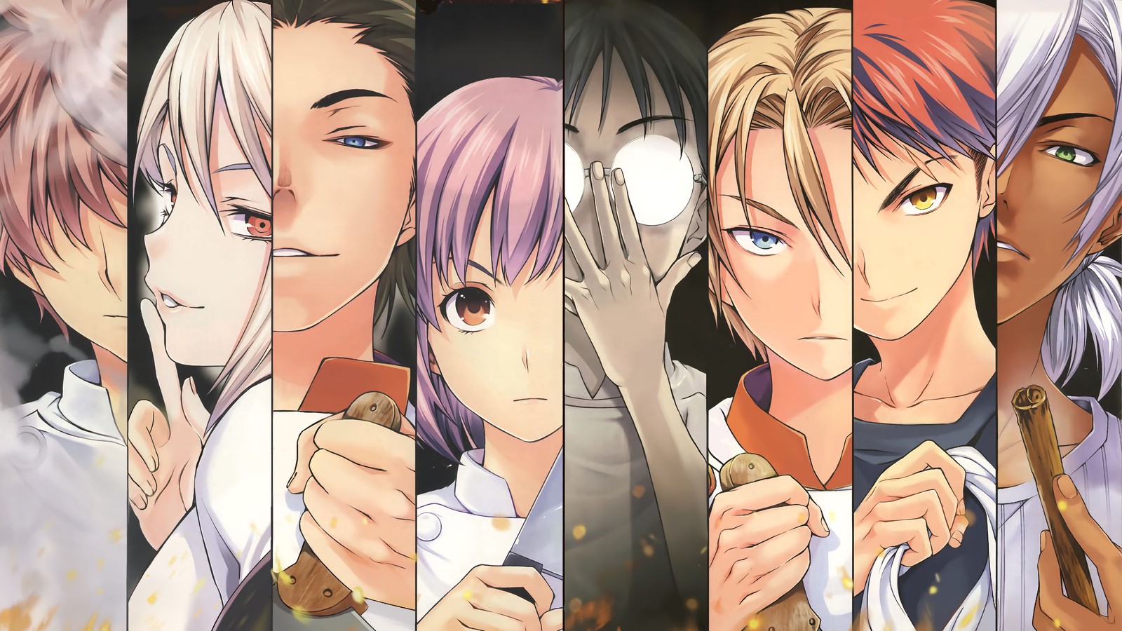 Un grupo de personajes de anime con cabello de diferentes colores y ojos azules (guerras de comida, shokugeki no soma, 食戟のソーマ, anime, personajes)