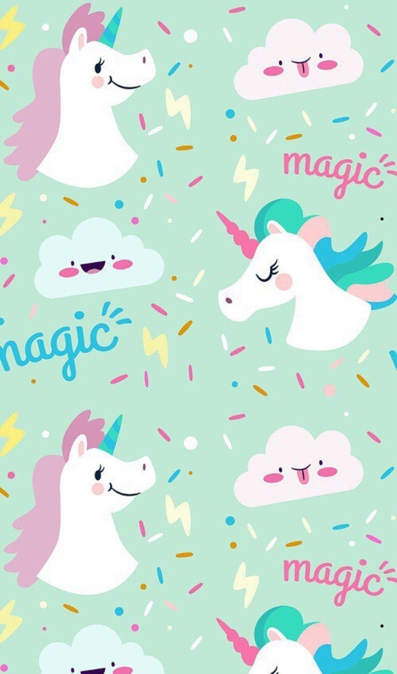 Un fondo verde con unicornios y nubes con las palabras magia (personaje ficticio, unicornio, patrón, ternura, dibujo)