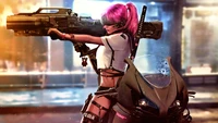 Cyberpunk-Kriegerin: Mädchen mit Kanone in einer Sci-Fi-Stadtlandschaft