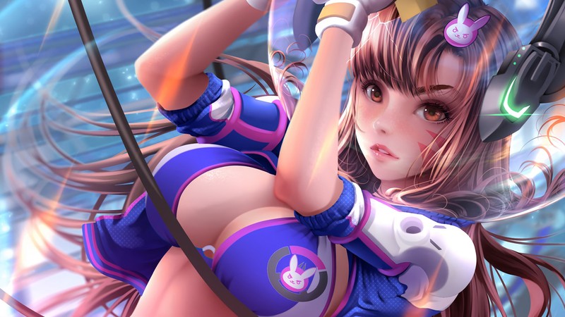 Крупный план женщины в синем и фиолетовом наряде (dva, overwatch, видеоигра)