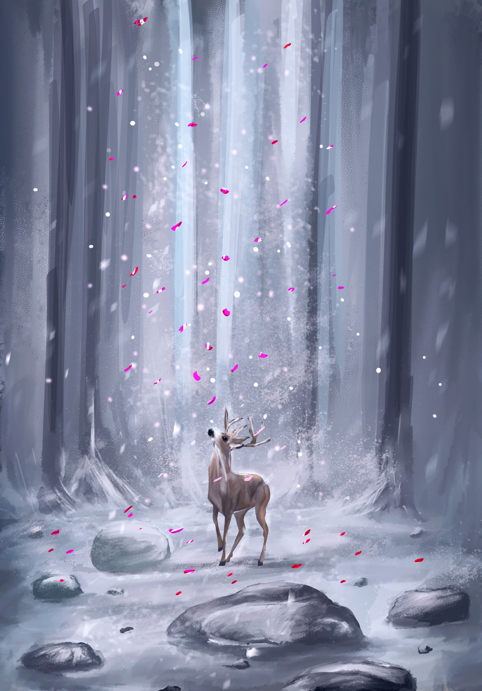 Pintura de um cervo em uma floresta nevada com pétalas caindo (roxo, cervo, árvore, congelamento, fauna)