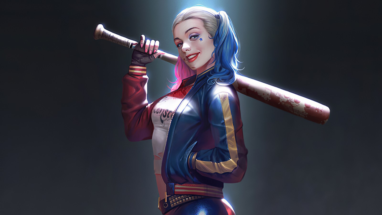 Une femme en costume tenant une batte de baseball (harley quinn, margot robbie, joker, dc comics, super héros)