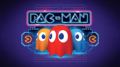 Pac-Man e Fantasmas Coloridos em um Fundo Violeta Neon