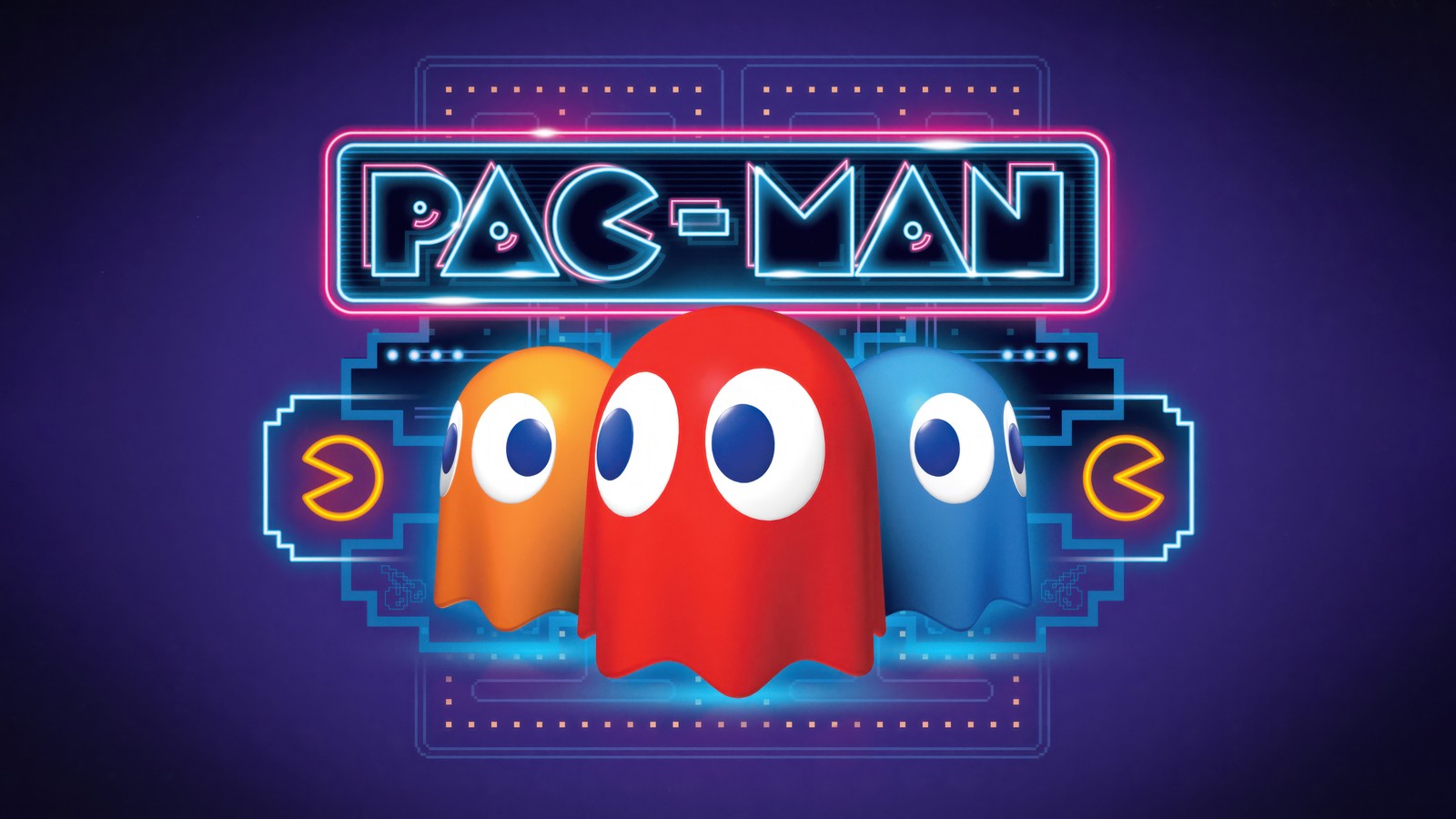 Логотип paco man с тремя призраками paco (пак ман, pac man, привидения, неоновый фон, 5k)