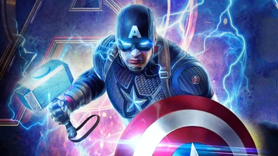 Captain America Wielding Mjolnir Amidst Lightning in Avengers: Endgame