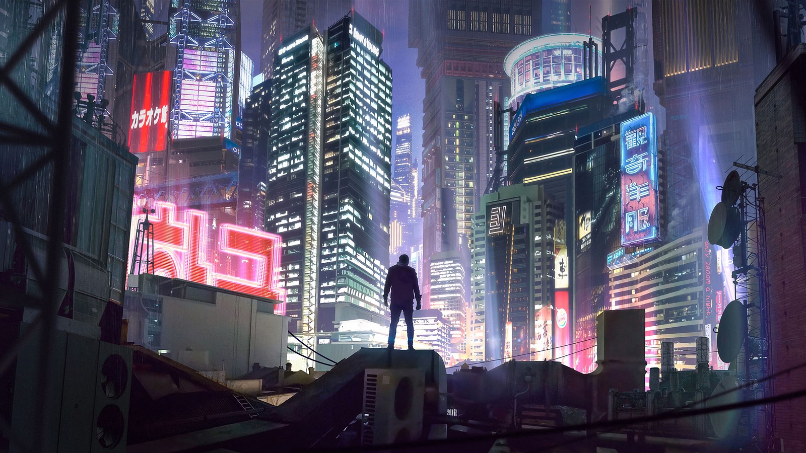 Un homme debout sur le toit d'une ville la nuit (cyberpunk, ville, nuit, bâtiments, science fiction)