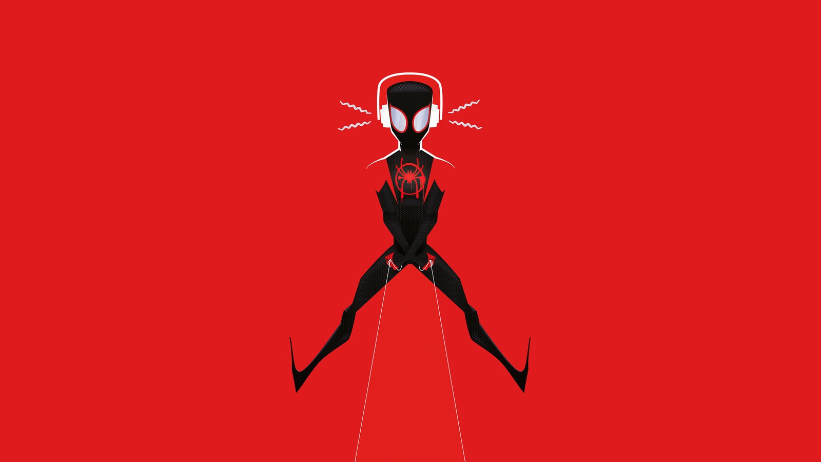 A spider - man is hanging from a string on a red background (superhero, insect, illustration, cartoon, silhouette)