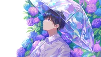 Garoto de anime bonito com guarda-chuva cercado por flores coloridas na chuva