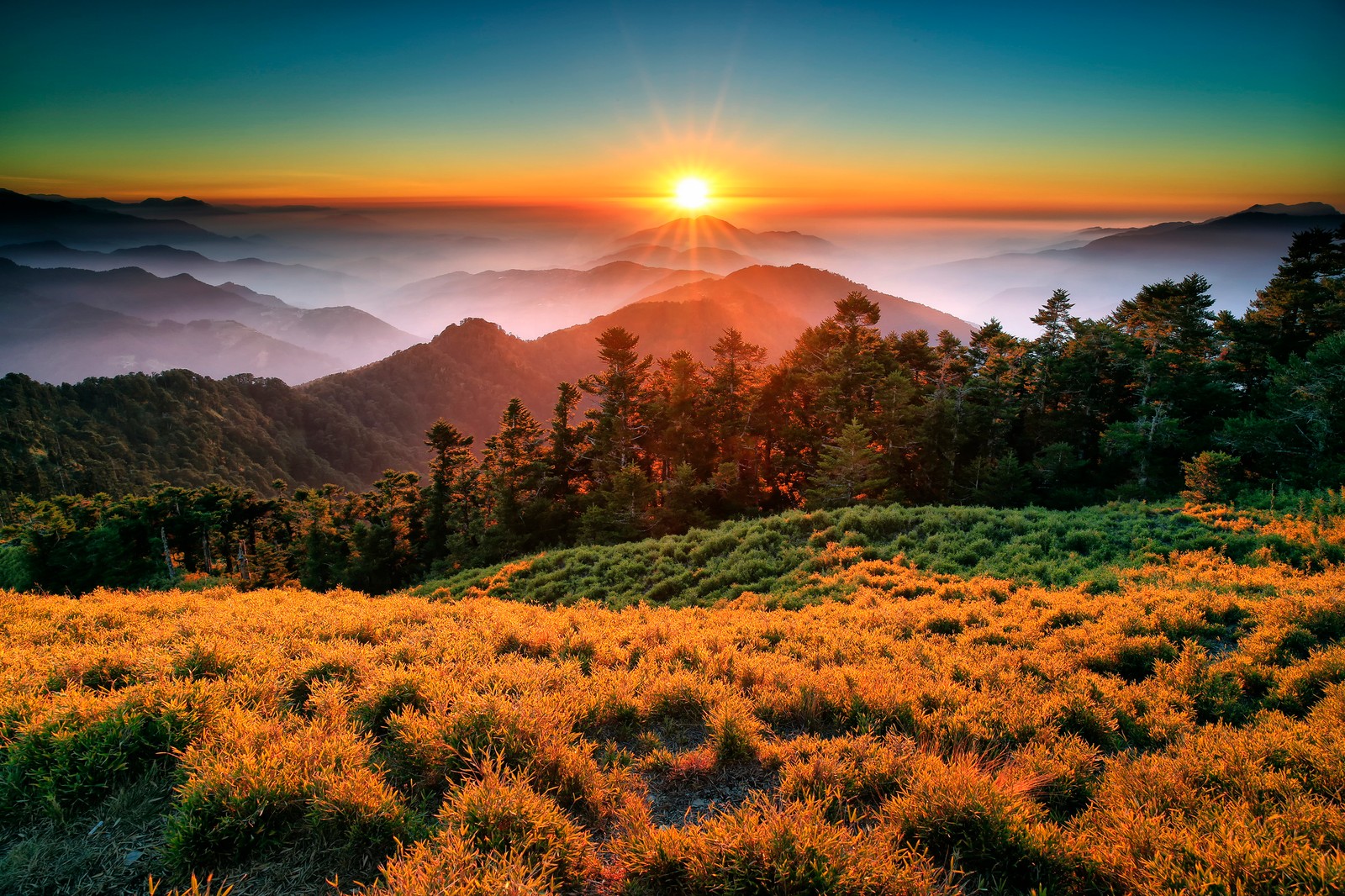 Une vue d'une chaîne de montagnes avec un coucher de soleil au loin (nature, végétation, sauvage, matin, décor montagnard)