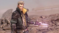 Zane aus Borderlands 3 mit Energieschutzhandschuhen in einer trostlosen Landschaft.