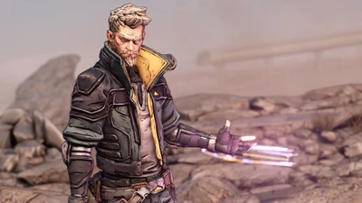 Зейн из Borderlands 3 с энергетическими перчатками в безлюдном пейзаже.