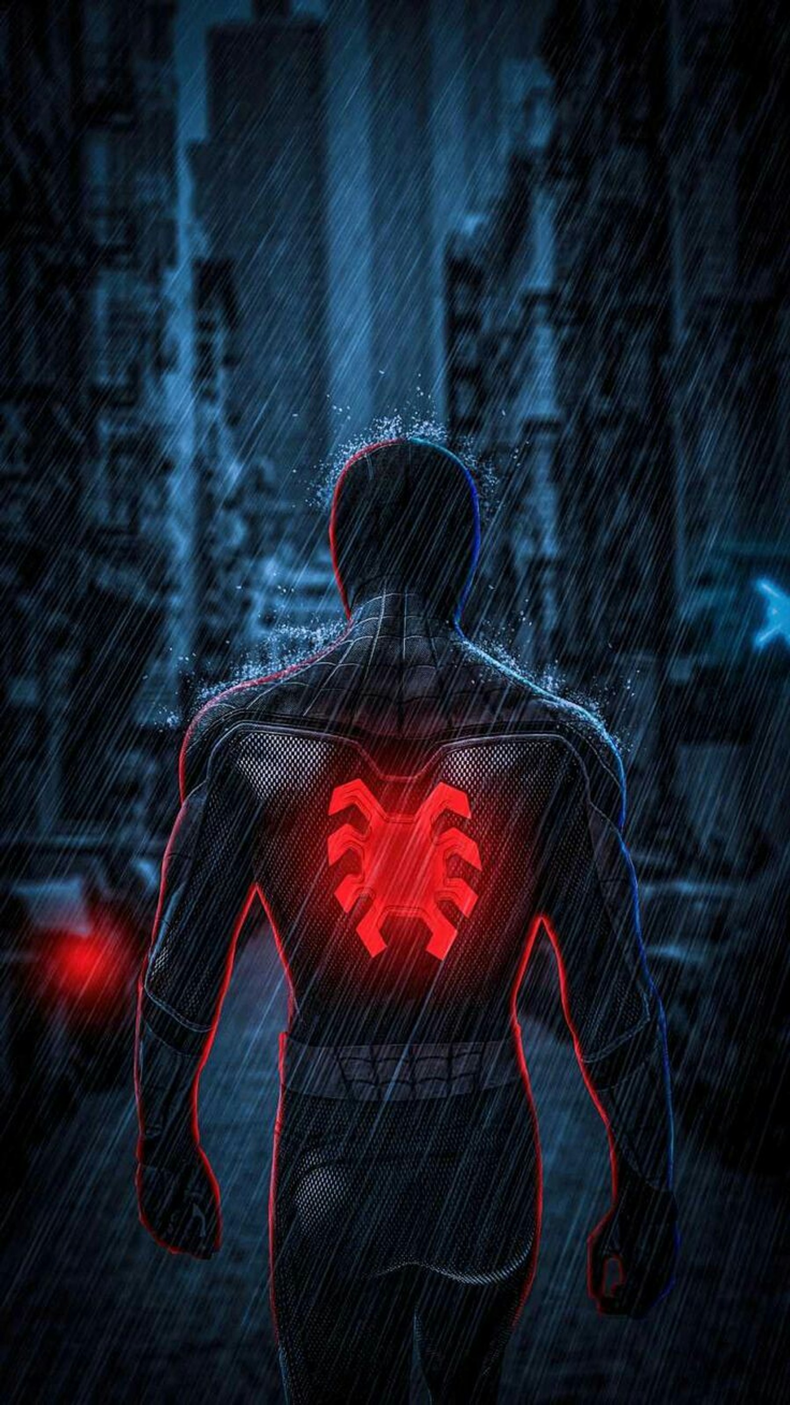 Un homme en costume rouge et noir se tient sous la pluie (spider man, super héros, bandes dessinées, smartphone, art)