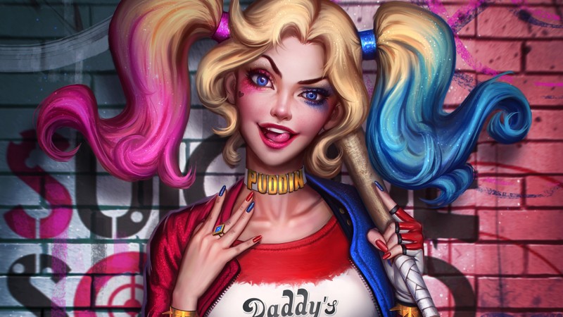 Крупный план женщины с цветными волосами и красной рубашкой (harley quinn, dc comics, комиксы)