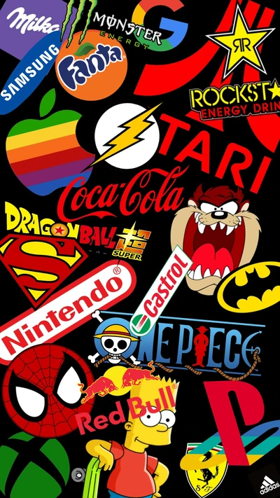 Colagem colorida de logotipos icônicos e personagens da cultura popular, apresentando marcas como Coca-Cola, Nintendo e super-heróis como Superman e Homem-Aranha.