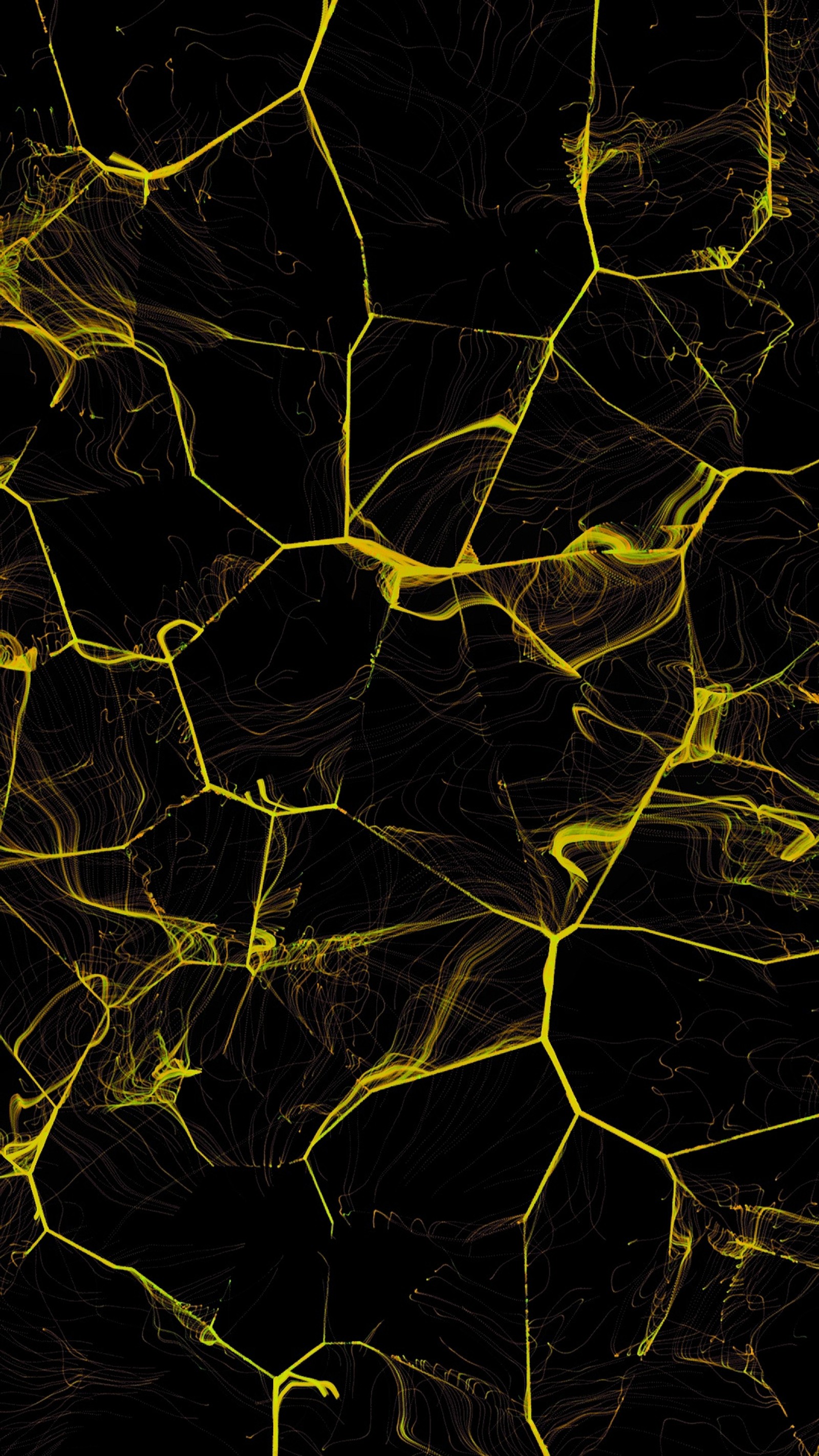 A close up of a cell phone with a yellow light on it (abstract, black, cracked, design, gold)